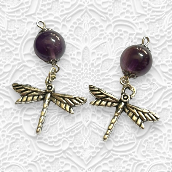 Hand Crafted Earrings Dragonfly Amethyst Dangle Silver Long Pierced - Picture 7 of 7